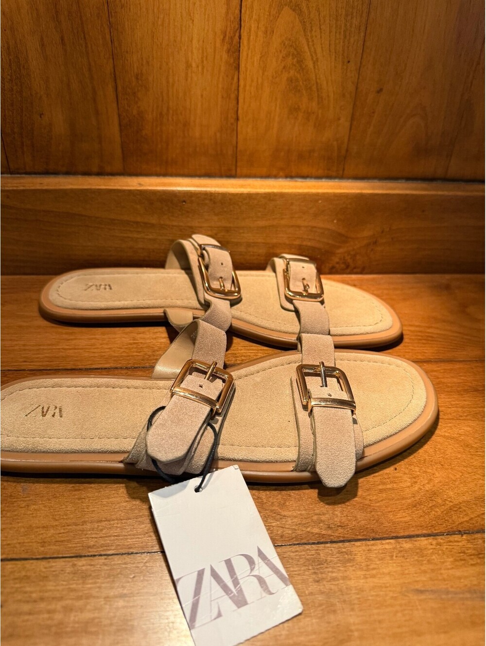 New Zara Beige Suede Buckled Slide Sandals Women's Size 9 - Picture 3 of 9